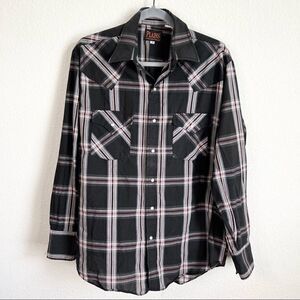 VINTAGE Plains Western Wear Black Plaid Pearl Snap Button Down Cowboy Shirt M